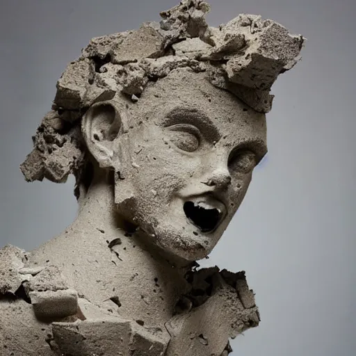 Image similar to studio photography of an smashed ancient idol statue getting hammered into pieces, cracked, destroyed, dramatic lighting