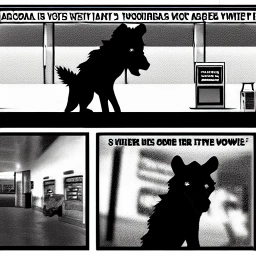 Image similar to CCTV footage of a werewolf at a gas station, night, grainy, unsolved mystery