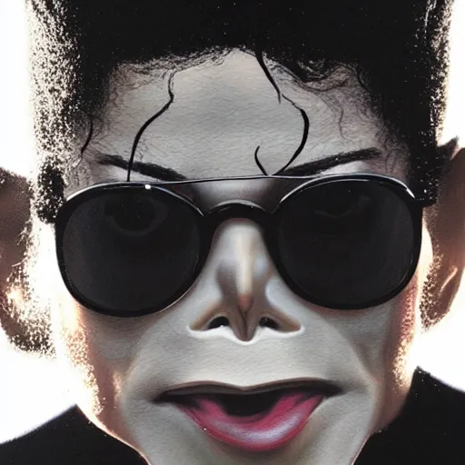 Image similar to michael jackson 2 0 0 9 wearing shades, alone, this is it style, photo real, pores, motion blur, sitting with bubbles the chimp window open, real life, spotted, ultra realistic face, accurate, 4 k, movie still, uhd, sharp, detailed, cinematic, render, modern