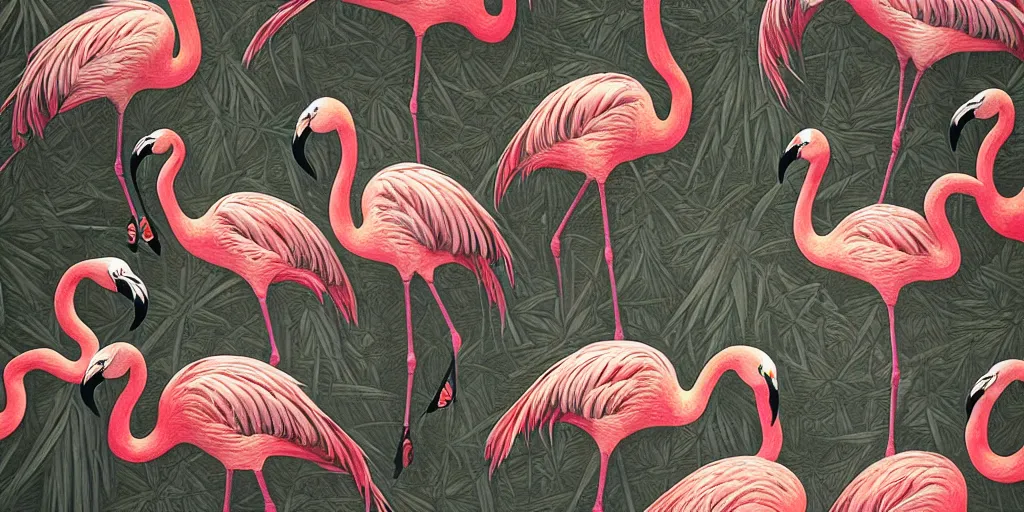 Image similar to breathtaking detailed concept art painting art deco pattern of birds, flamingos, amalmation blend of flowers and birds, by john james audubon, bizarre compositions, exquisite detail, extremely moody lighting, 8 k