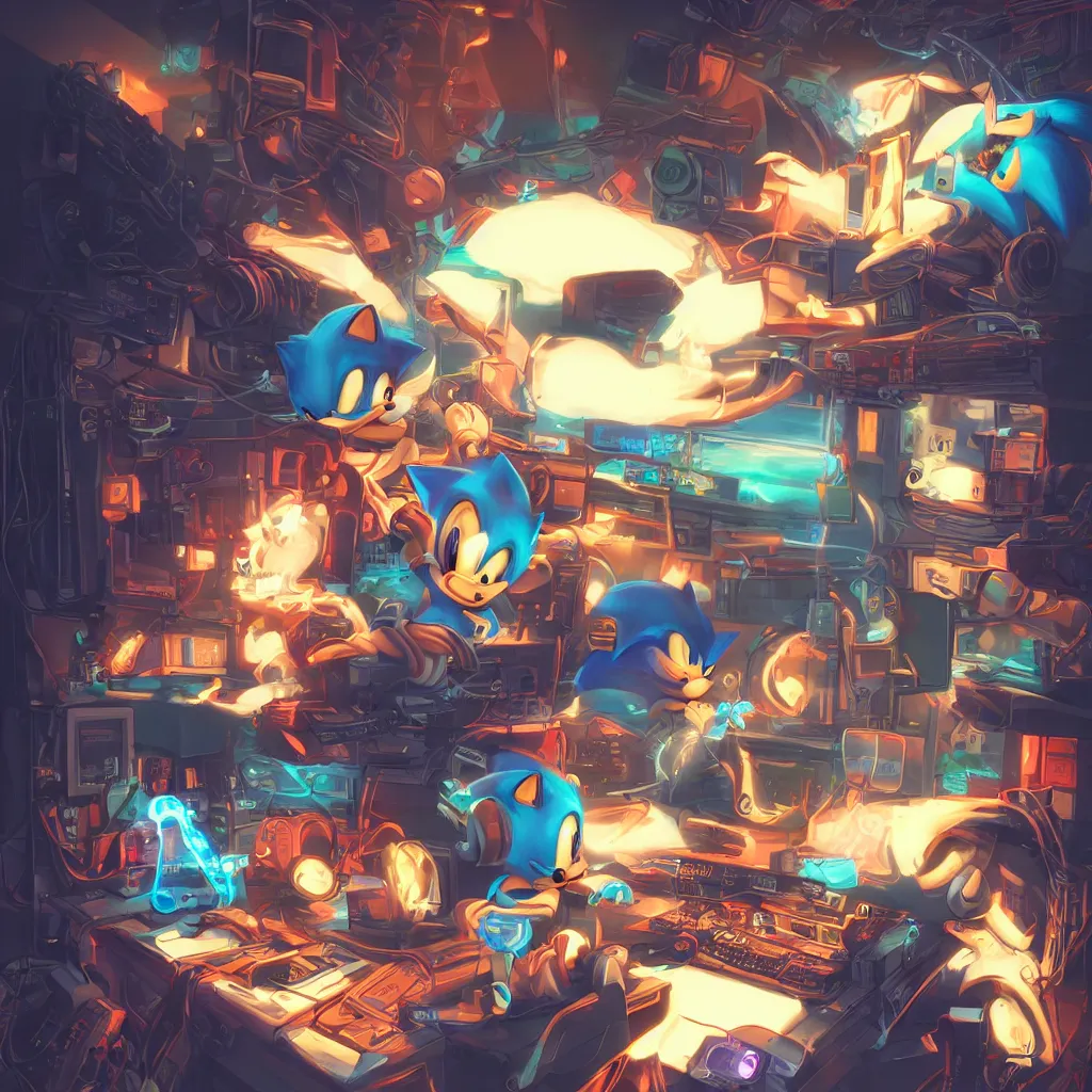 Image similar to portrait of sonic the hegdehog playing videogames. smoky cyberpunk, highly detailed, cartoon, artstation, artgerm, shinkiro toshiaki mori