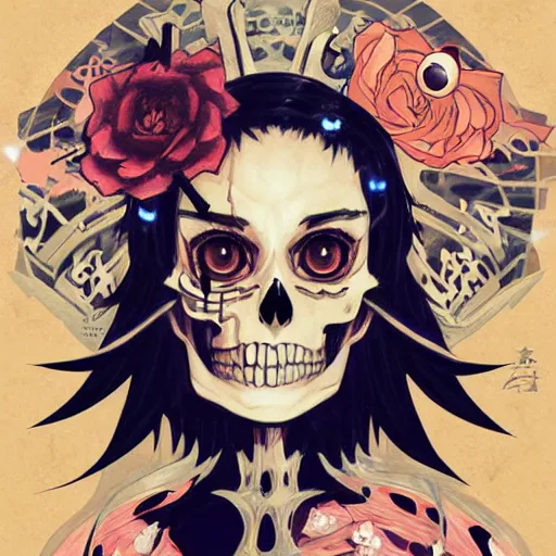 Image similar to anime manga skull portrait young woman skeleton, cuphead, painterly, logo, graffiti, elegant, highly detailed, digital art, art by jc leyendecker and sachin teng