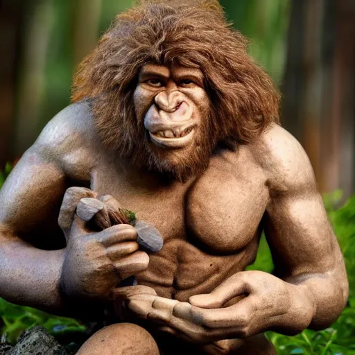 Image similar to neanderthal read science book about him and laughing, because its irrelevant and not accurate, pinterest, perfect dynamic position, extremely realistic and highly details, bokeh, reduce duplication interference