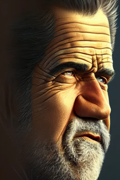 Image similar to ultra detailed close up facial portrait of mel gibson, extremely detailed digital painting, in the style of fenghua zhong and ruan jia and jeremy lipking and peter mohrbacher, mystical colors, rim light, beautiful lighting, 8 k, stunning scene, raytracing, octane, trending on artstation