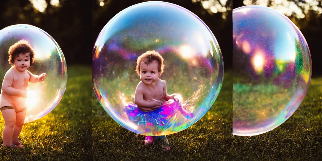 Image similar to an adorable human infant stuck inside of a giant iridescent floating soap bubble, bokeh, golden hour, back yard, golden hour