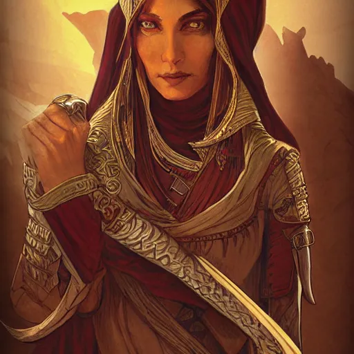 Image similar to Emeth the elven desert bandit. Arabian style. Epic portrait by james gurney and Alfonso mucha (lotr, witcher 3, dnd, dragon age, gladiator, scoia'tael).