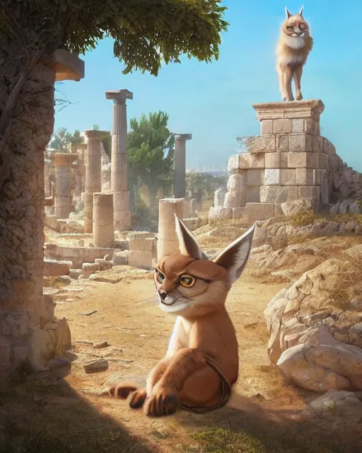 Image similar to fullbody photo of humanoid cute fluffy caracal dressed in toga, sun behind him, ancient greek city, sunny day, by ilya kuvshinov, rtx rendering, octane render 1 2 8 k, maya, extreme high intricate details by tom bagshaw, medium shot, composition by sana takeda, lighting by greg rutkowski