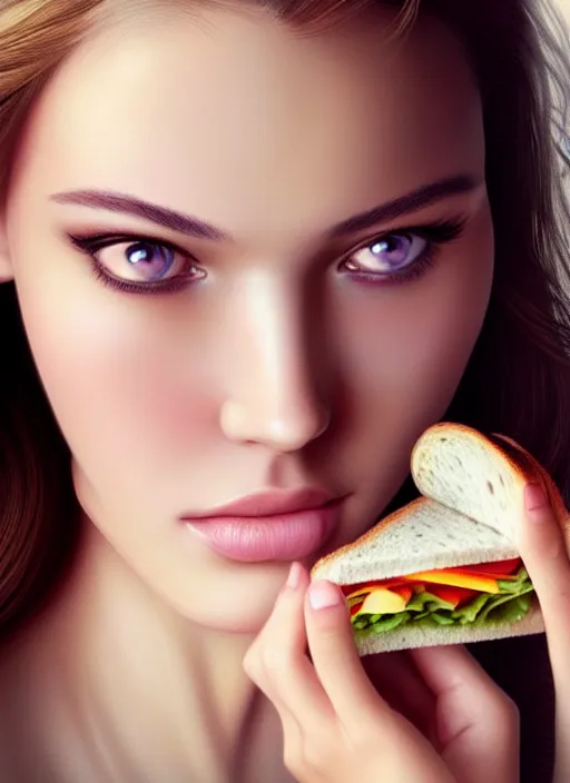 Image similar to a gorgeous female photo, professionally retouched, soft lighting, holding a subway sandwich, realistic, smooth face, perfect eyes, wide angle, sharp focus on eyes, 8 k high definition, insanely detailed, intricate, elegant, art by artgerm and wlop