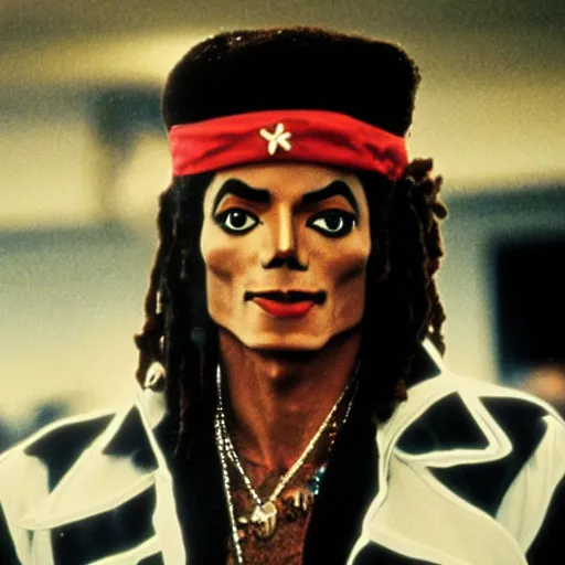 Prompt: a 1980s film still of Michael Jackson dressed as Snoop Dogg, 40mm lens, shallow depth of field, split lighting