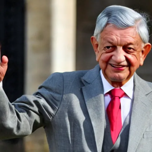 Image similar to amlo pointing the gun at his head, being in windsor castle.