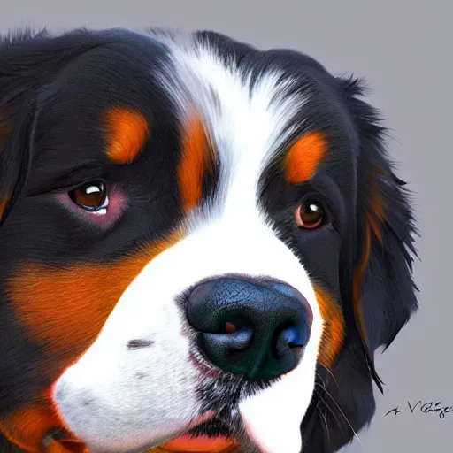 Image similar to portrait of a cute bernese dog, art by elke vogelsang, 8 k ultra realistic, trending on artstation, 4 k, hyperrealistic, focused, extreme details, unreal engine 5, cinematic, masterpiece