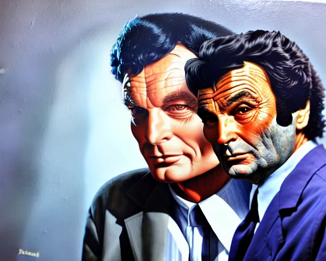 Prompt: peter falk's detective columbo meets adam west's batman, realistic, oil painting, hq scan, artstation trending