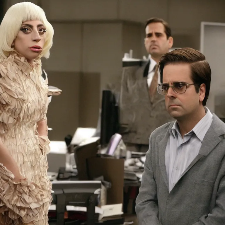 Prompt: confused lady gaga looking at the camera, from the office ( 2 0 0 5 ), detailed background, in the middle of dwight schrute and michael scott. uhd, low light, cinematic, realistic, clear face, clear eyes.