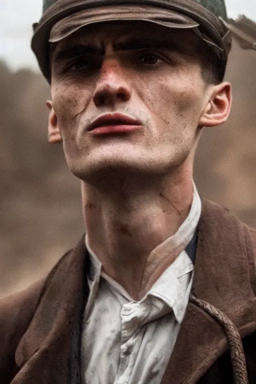 Image similar to a portait photo of Thomas Shelby in a battlefield, epic image, path tracing, complementary colours, high quality, 4k HDR, dramatic lighting, cinematic, highly detailed, high coherence, dedined face, anatomically correct, five fingers, war, cold environment