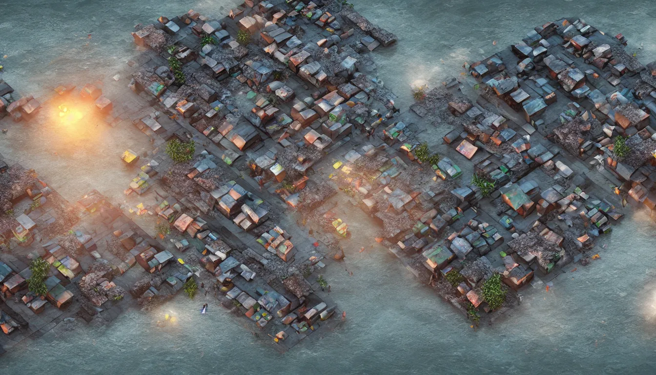 Image similar to Slum housing emerging from crashing tidal wave landscape, volumetric light , full colour ,4k