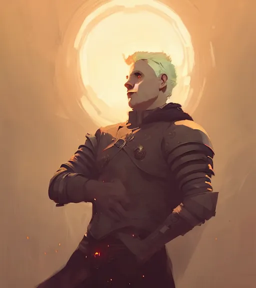 Image similar to portrait of cullen from dragon age with golden eyes by atey ghailan, by greg rutkowski, by greg tocchini, by james gilleard, by joe fenton, by kaethe butcher, dynamic lighting, gradient light blue, brown, blonde cream and white color scheme, grunge aesthetic