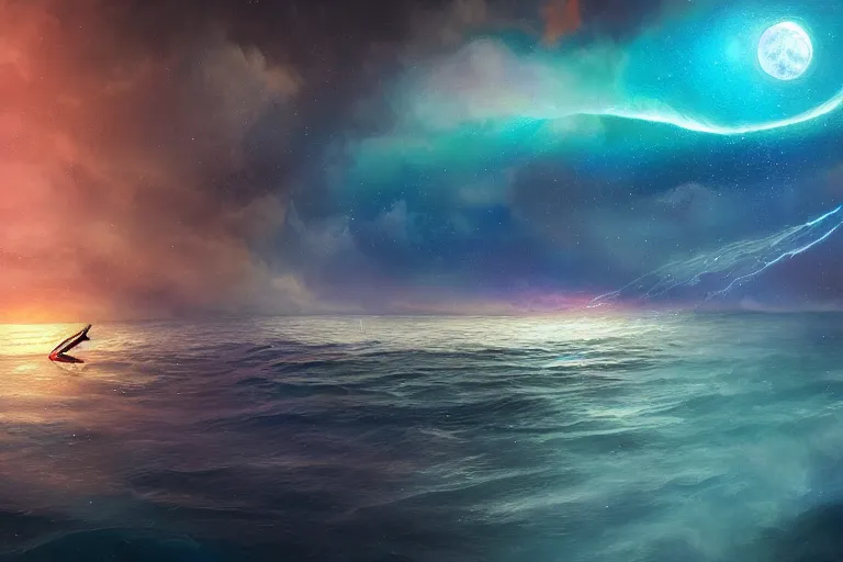 Prompt: glitched fantasy painting, the night sky is an upside down ocean, the moon is an anglerfish lure, half submerged, horizontal glitch streaks of bright color by jessica rossier