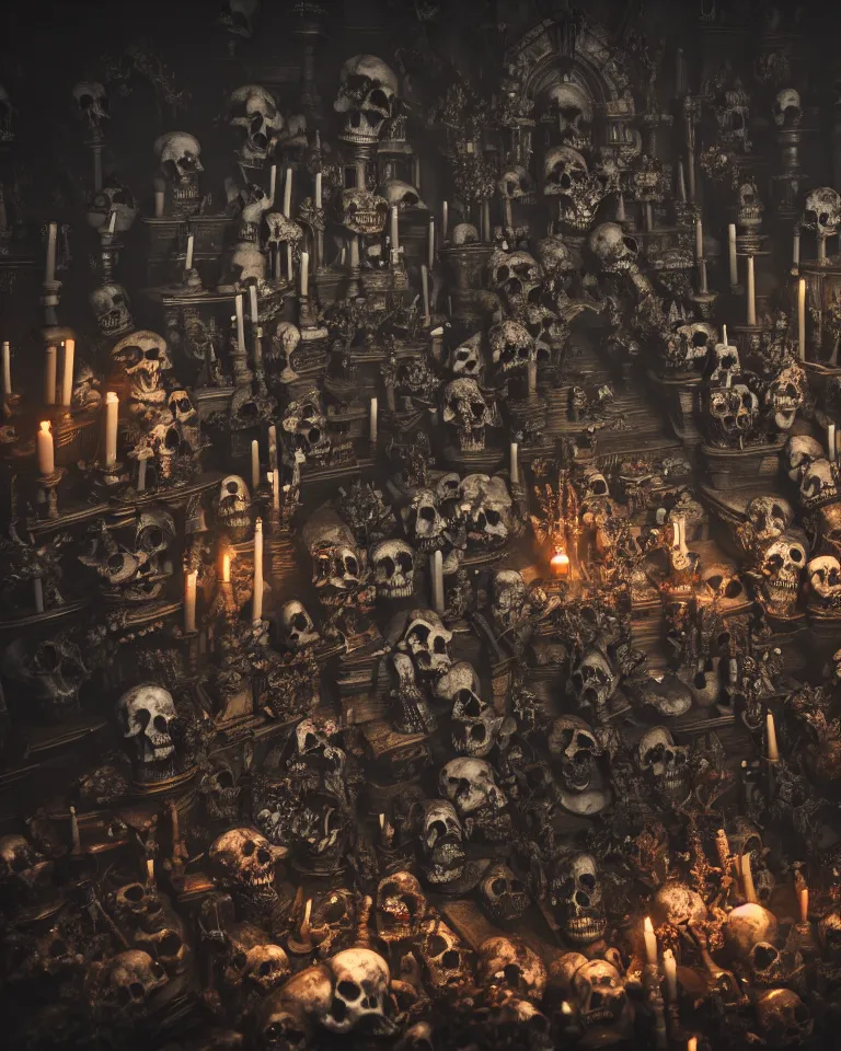 Image similar to full color, low ultrawide interior shot of sedlec ossuary, bones, anime style mixed with fujifilm, dark, foggy, atmospheric, artstation, cgsociety, octane render, cgi, denoise, detailed, cinematic masterpiece