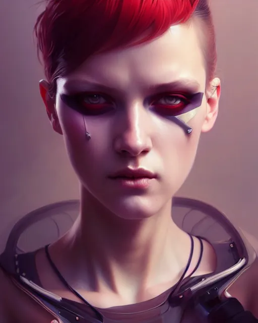 Prompt: beautiful female punk, portrait, cyberpunk, symmetry, detailed, elegant, intricate, dynamic lighting, hyperrealism, digital art, digital painting, artstation, wlop, sharp focus, illustration, art by artgerm and greg rutkowski and alphonse mucha, 8 k