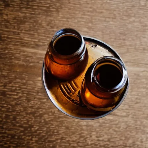 Prompt: beer at a table, top view, pro photo, album cover