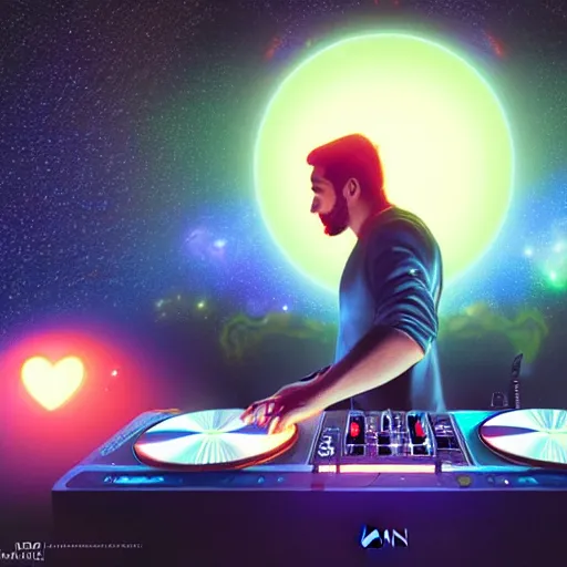 Image similar to Man djing under the stars, digital art, artstation, ultra realistic, volumetric lighting, 4k, unreal engine, octane render, art by Artgerm and Greg Rutkowski and Alphonse Mucha