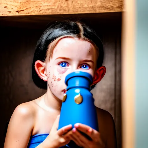 Image similar to a little blue-skinned girl with messy black hair sharp pointed ears freckles along the ridges of her cheeks in a pantry drinking from a leather flask, blue skinned dnd triton, high resolution film still, 4k, HDR colors