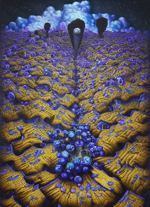 Image similar to detailed, intricate blue black and purple papaverum flower on the field, nebula, galaxy in the sky, winning award masterpiece, fantastically beautiful, illustration, aestheticly inspired, jacek yerka, upscale with anguissola sofonisba work, artstation, 8 k