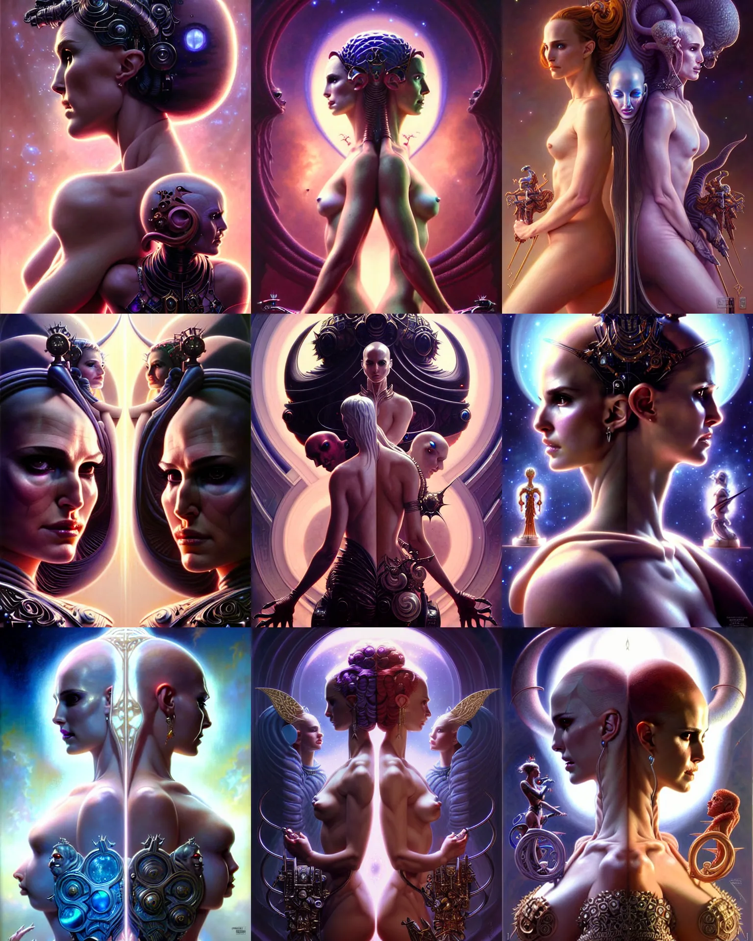 Image similar to beautiful gemini good and evil fantasy character portrait, natalie portman, ultra realistic, wide angle, intricate details, the fifth element artifacts, highly detailed by peter mohrbacher, hajime sorayama, wayne barlowe, boris vallejo, aaron horkey, gaston bussiere, craig mullins