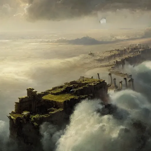 Image similar to Panorama view of a hurricane lifting the ruins of an ancient city into a sea of clouds, flying island, oil painting, by Greg Rutkowski