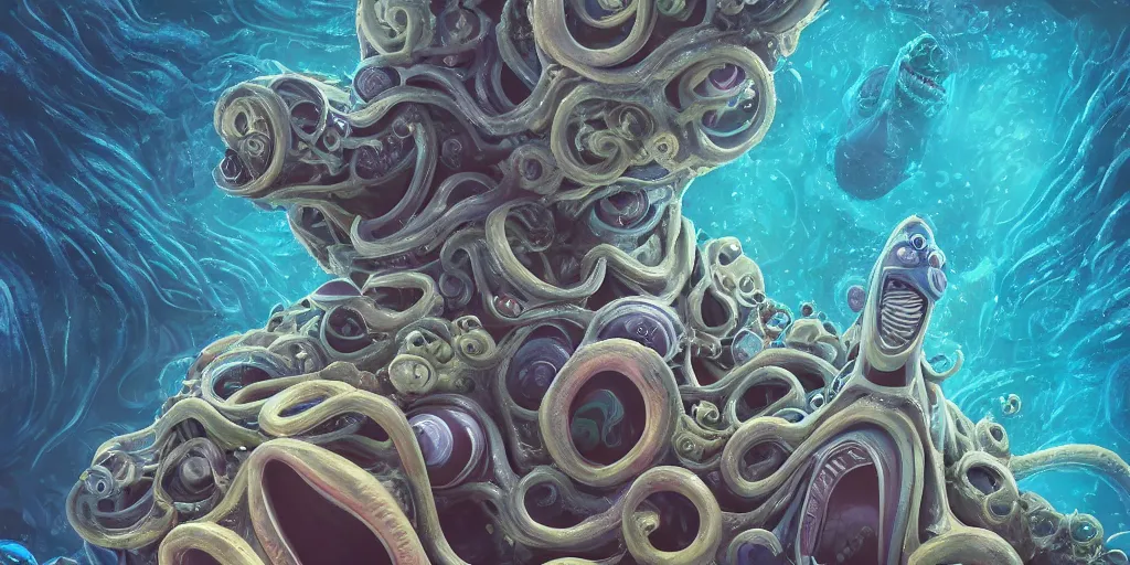 Image similar to of an intricate deep sea with strange cute friendly happy creatures with huge eyes, mouth, long tongue, round teeth and goofy face, appearing from the background, in the style of gehry and gaudi, macro lens, shallow depth of field, ultra detailed, digital painting, trending artstation, concept art, illustration, cinematic lighting, photorealism, epic, octane render