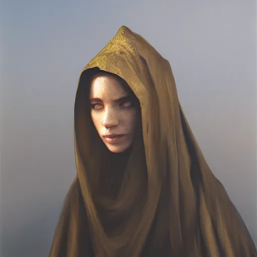 Image similar to a portrait of a young woman wearing a long dark cloak, hood and shadows covering face, holding golden chains, oil painting, matte painting, black background, Volumetric Golden dappled dynamic lighting, Highly Detailed, Cinematic Lighting, Unreal Engine, 8k, HD, by Beksinski