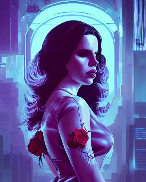 Image similar to portrait of lana del rey as a cyberpunk cyborg. sci - fi intricate abstract upper body intricate artwork, roses, rose petals by tooth wu, wlop, beeple, dan mumford. concept art, octane render, trending on artstation, greg rutkowski, asymmetrical, cinematic arthouse, key art, hyper realism, iridescent accents