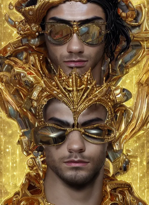 Prompt: muscular Atlantean king Zayn Malik as golden robot wearing cholo sunglasses and a heavy bejeweled gold crown reclining poolside with a beautiful tiger, steelpunk, ghibli studio, nekro, Tom Bagshaw, Craig Mullins, octane 8k, by brian froud, Trending on ArtStation