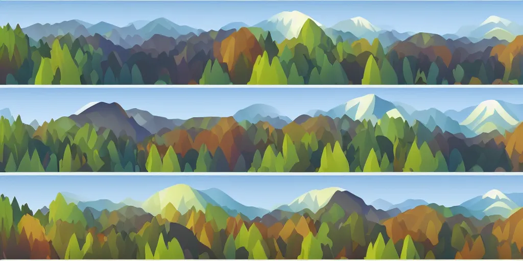 Prompt: Vector illustration of a beautiful dark blue mountain landscape with fog and forest. sunrise and sunset in the mountains