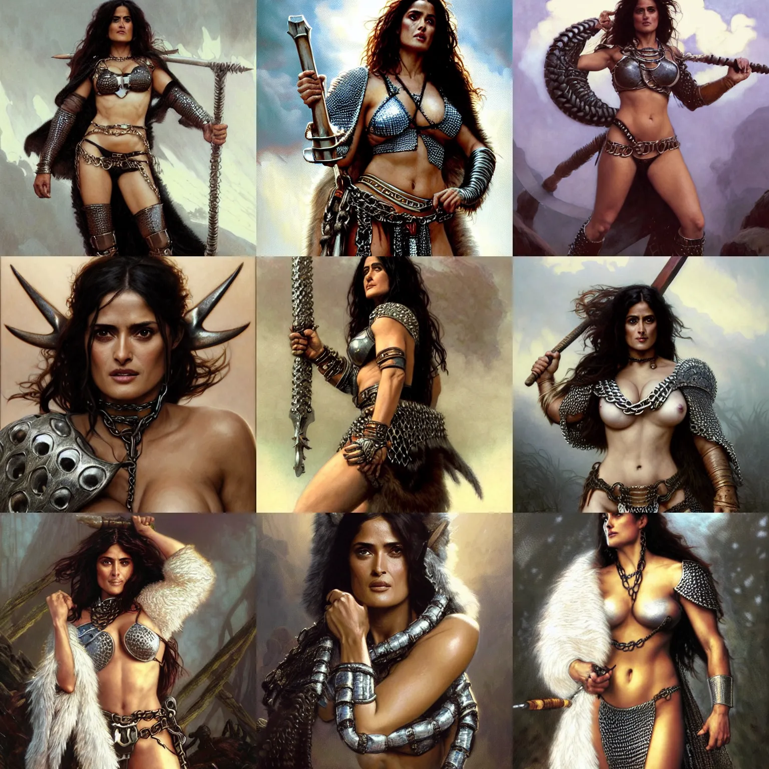 Prompt: portrait of Salma Hayek as a muscled and determined female barbarian clothed in chain mail bikini armor and a white fur cloak, neutral expression, by Greg Rutkowski and John Collier and Krenz Cushart and Artem Demura and Alphonse Mucha and Albert Aublet, as seen on ArtStation, 4k, dungeons and dragons, very aesthetic, very detailed, intricate, unreal, fantasy, dramatic, painterly, artstation, sharp focus, smooth , subtle contrast