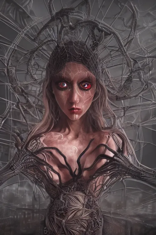 Prompt: ultra realist and ultra intricate detailed soft painting of an arachne, symmetry features, sensual gloomy style, volumetric clouds, cyberpunk background, artstation, unreal render, depth of field