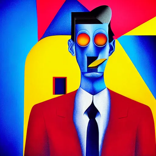 Image similar to ultra realistic portrait ofa man in suit in a studio, ultra detailed, under blue, red and yellow cinematic lighting, salvador dali, cartoon, monument valley, escher