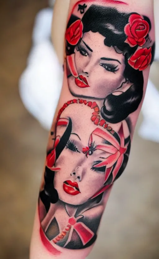 Image similar to traditional American tattoo of black haired pinup girl wearing heels, red lipstick