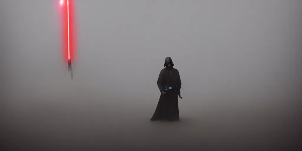 Image similar to sith lord with lightsaber, no darth vader, fog on the ground, heavy rain, lightning, moody lighting, shallow depth of field,