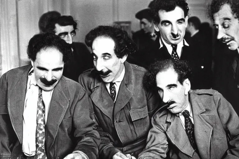 Prompt: the marx brothers at the yalta conference 1 9 4 5, famous photograph