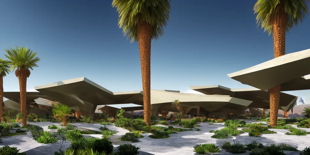 Prompt: faceted roof planes lift and descend creating shade and architectural expression, highly detailed, cyberpunk, situated in desert oasis, vivid colors, lush vegetation