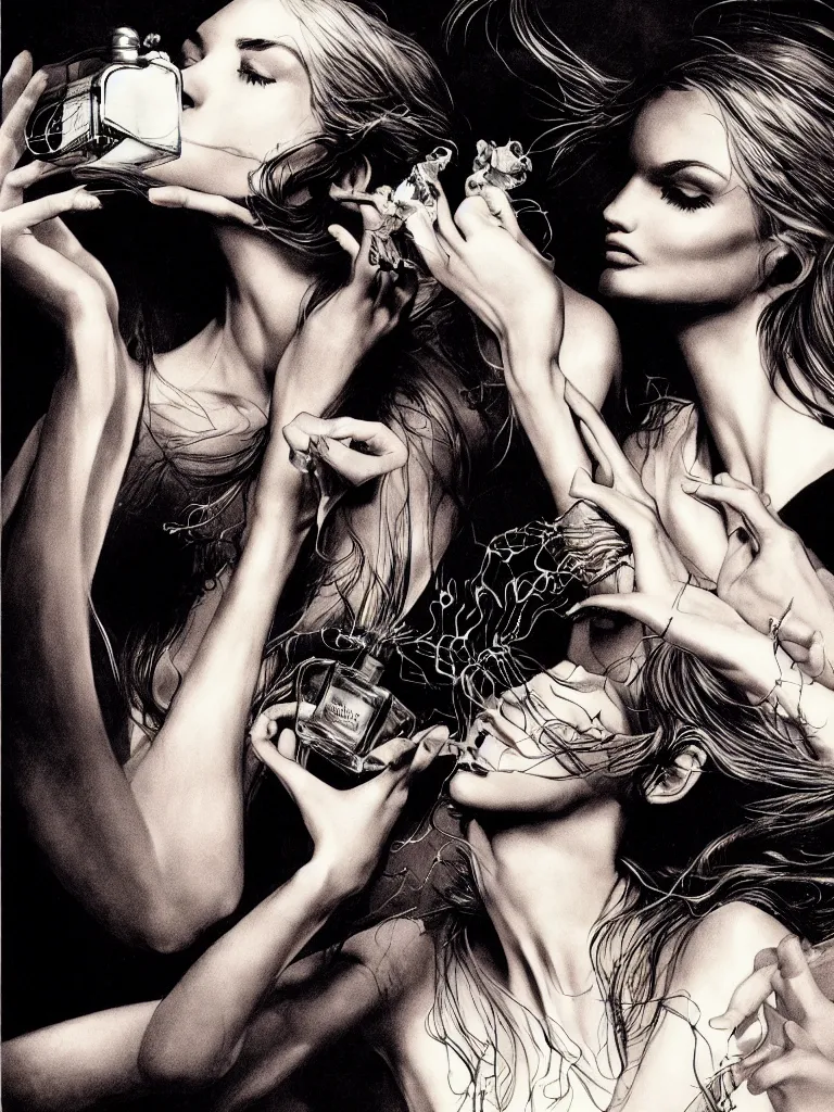 Image similar to fragrance advertising campaign by bernie wrightson, initricate