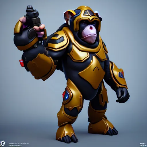 Image similar to a little monkey with the appearance and armor of winston from overwatch, design, octane render, 4 k, ingame shot