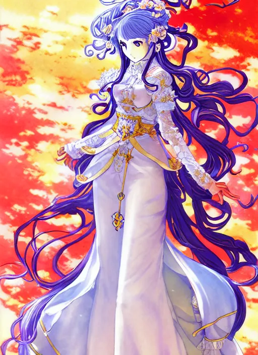 Prompt: exquisite imaginative fire emblem heroes manga card poster design of princess, fate, long wavy hair, rococo ruffles dress, fluorescent, illustration, artstation, dark fantastic, highly detailed, 8 k, maximalist, by shigenori soejima, minaba hideo, katsuhiro otomo, jump comics