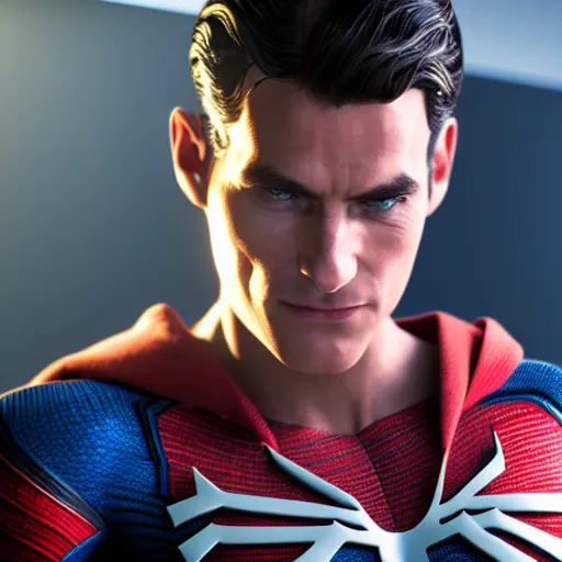 Prompt: still photo of spider - man superman hybrid, highly detailed, photorealistic portrait, bright studio setting, studio lighting, crisp quality and light reflections, unreal engine 5 quality render