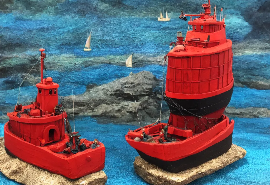 Prompt: red tugboat in ocean diorama, minature, 55mm, cube