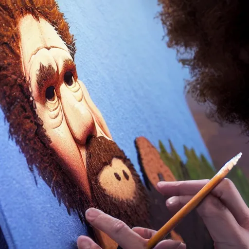 Prompt: a closeup photorealistic photograph of bob ross working on a canvas painting of the cookie monster. film still. brightly lit scene. mountains and trees. this 4 k hd image is trending on artstation, featured on behance, well - rendered, extra crisp, features intricate detail, epic composition and the style of unreal engine.