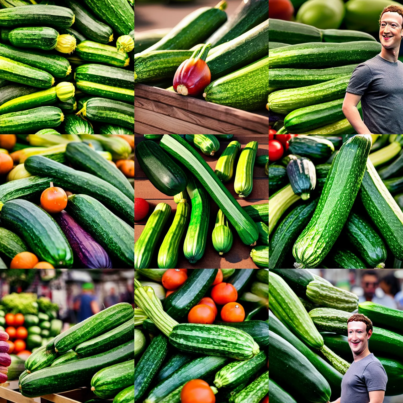 Prompt: mark zuckerberg as a zucchini, vegetable market stand in the background, digital painting by arcimboldo 4k 8k rendered in octane 3d