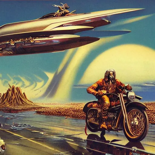 Image similar to infernal motorbiker, vintage sci - fi art, by bruce pennington