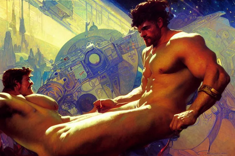 Image similar to beefy attractive men in spaceship, painting by gaston bussiere, craig mullins, greg rutkowski, alphonse mucha